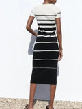 xakxx xakxx- New Femininity Casual Vibrant Sexy Knit High Stretch One Size Short Sleeve Round Neck Striped Midi Dress