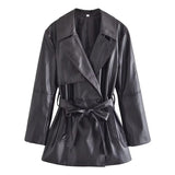 xakxx xakxx - New Women's Clothing Retro Fashion Slim Waist Black Faux Leather Long Sleeve Lapel Short Trench Coat