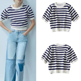 xakxx xakxx - New women's clothing, stylish, casual, elegant, thin, Ruili round neck short-sleeved striped textured sweater