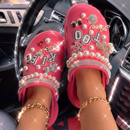 xakxx New Arrival Summer Women Slippers Platform Garden Sandals Pearl Rhinestone Charm Cave Slides Cute Fashion Ladies Shoes Plus Size