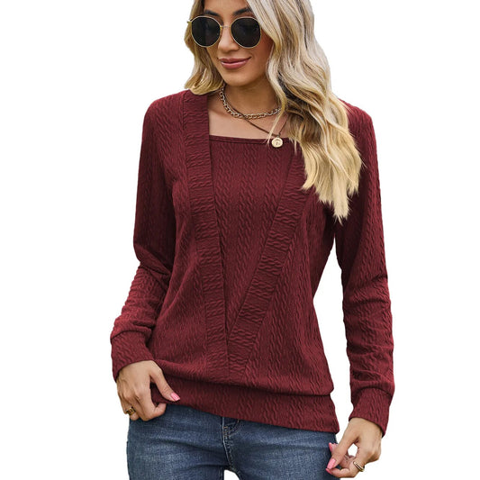 xakxx- Square Neck Long Sleeved Pullover Women Casual Solid Color Loose T Shirt Lady Simple Autumn Winter Tops