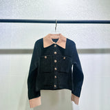 xakxx  Fall Woman Clothing Vintage Black Corduroy Patchwork Colorblocking Slim Fit Knitted Jacket