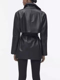 xakxx xakxx - New Women's Clothing Retro Fashion Slim Waist Black Faux Leather Long Sleeve Lapel Short Trench Coat