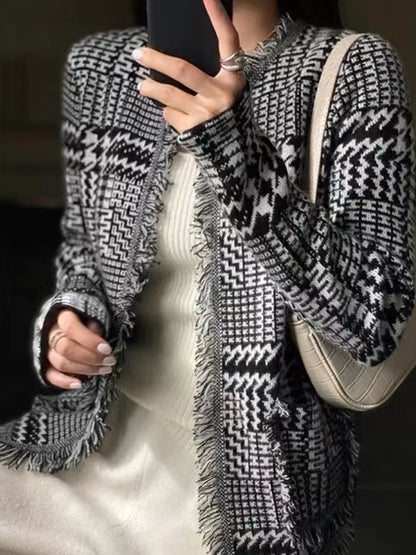 xakxx xakxx-Houndstooth plaid fringed cashmere sweater knitted small fragrant wool cardigan women's loose plaid coat