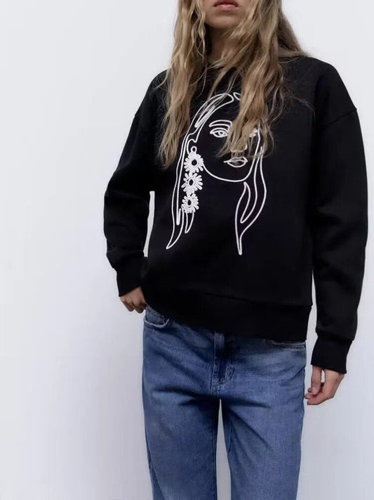 xakxx xakxx - Autumn New Feminine Style Fashion Casual Black Relaxed Versatile Girl Pattern Embroidery Sweater