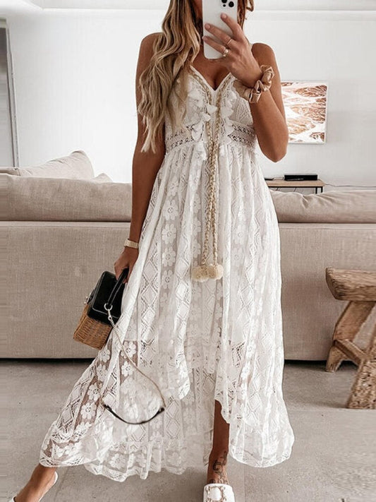 xakxx Vintage Off Shoulder Dress Women Summer Elegant Lace Patchwork Beach Dress Female V Neck Spaghetti Strap Midi Dress Robe Longue