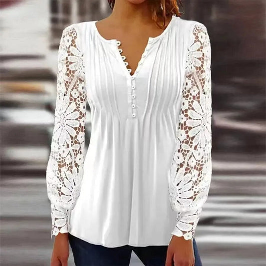 xakxx- Lace Long Sleeve Pleated Blouse Women Sexy V Neck Hollow Out Button T Shirts Lady Spring Autumn Clothes Tops