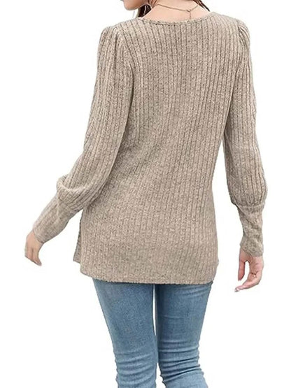 xakxx xakxx- Casual Button Square Collar T-Shirt Women Solid Color Long Sleeve Tops OL Lady Autumn Loose Pullover