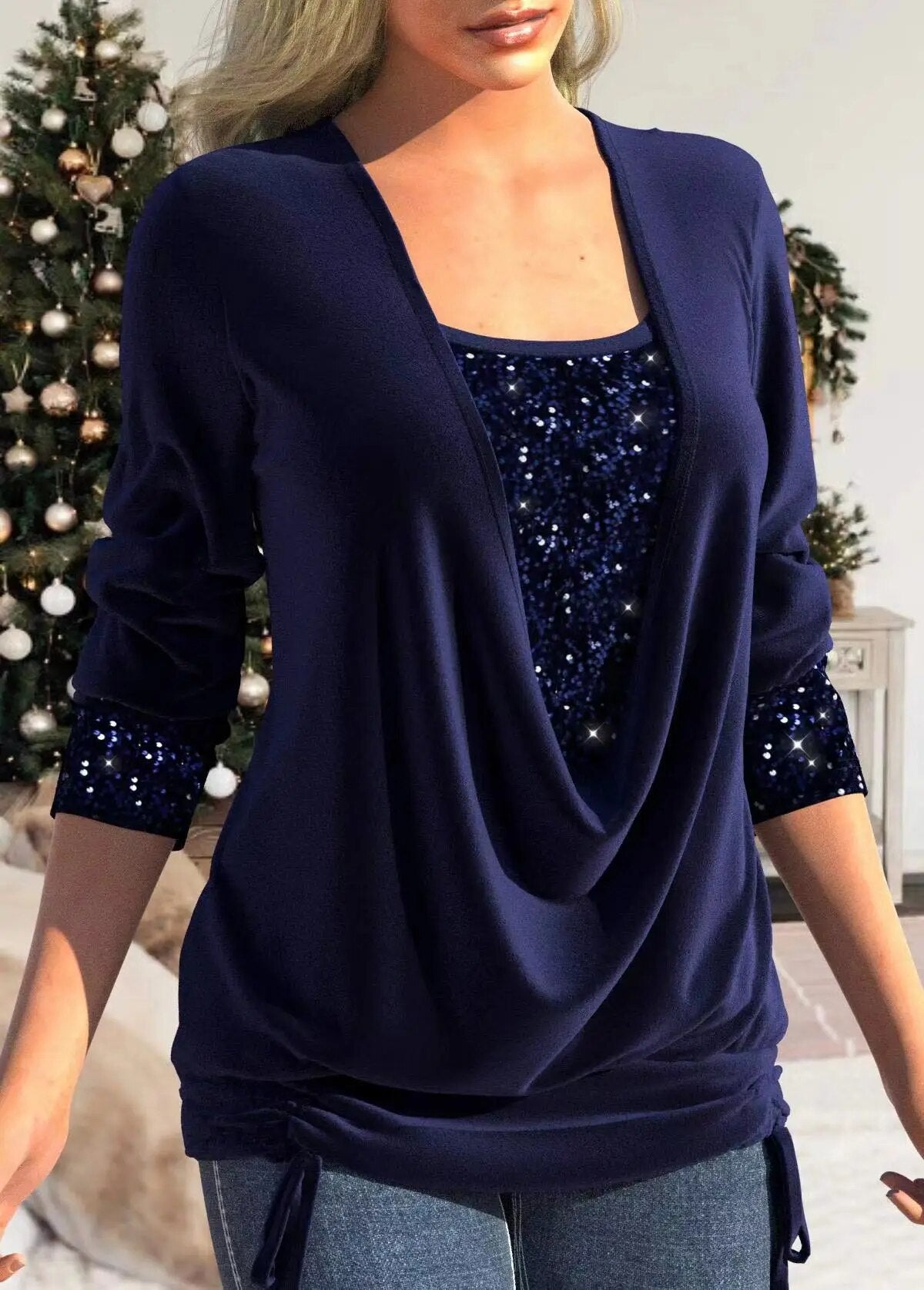 xakxx xakxx- 6 Colors Sequin Blouse Women Luxurious Solid Color O Neck Long Sleeve Tops Lady Elegant Spring Autumn Party Clothing 3XL