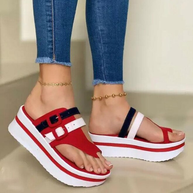 xakxx New Wedges Women Casual Slippers Peep Toe Sandals Summer Beach Chunky Feetwear Ladies Buckle Slipper Non-Slip Slides Women Shoes