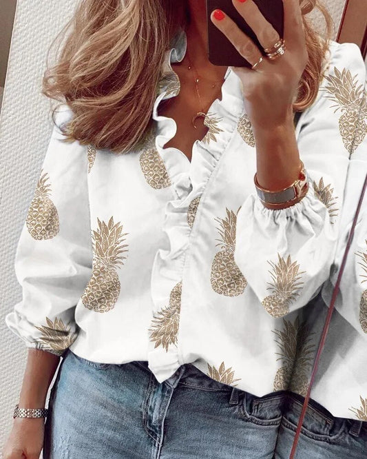 xakxx- Fashion Pineapple Print Shirt Women's Ruffled Collar Long Sleeve Top Young Girl Solid Color Casual Blouse 5Xl