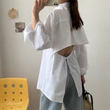 xakxx xakxx - New Women's  temperament fashion casual casual sexy white backless design lapel long-sleeved poplin shirt