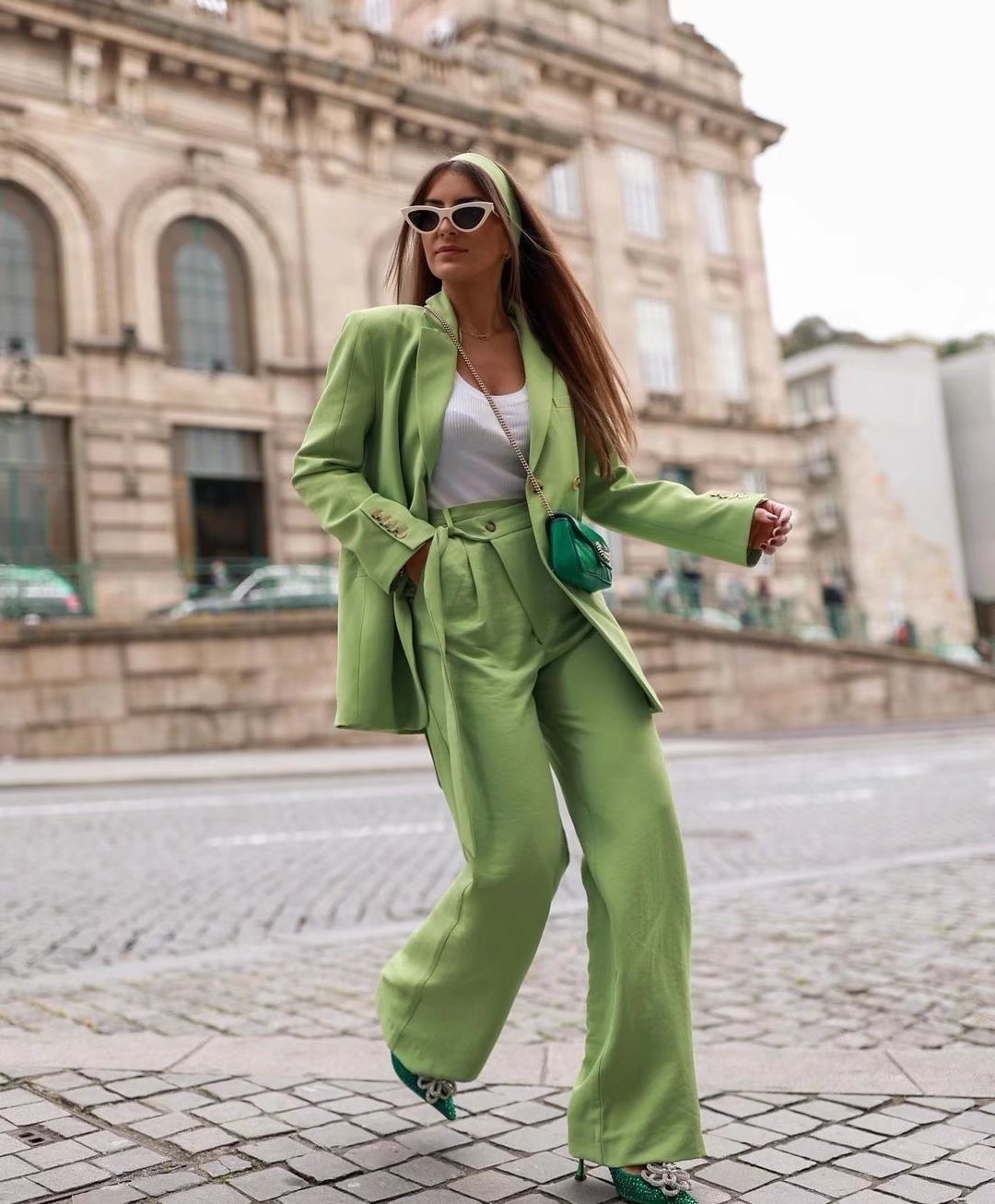 xakxx Office Lady Solid Green Oversized Long Blazer Women Long Sleeve V Neck Loose Jacket Female Vintage Outwears