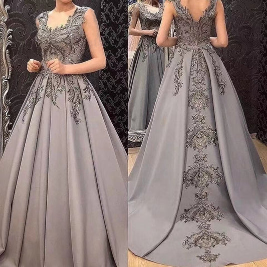 xakxx Graduation Prom On Zhu Gray Satin Evening Dresses Long Women Party Dress Plus Size  Formal Party Night Appliques Sleeveless Prom robes de soirée