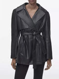 xakxx xakxx - New Women's Clothing Retro Fashion Slim Waist Black Faux Leather Long Sleeve Lapel Short Trench Coat