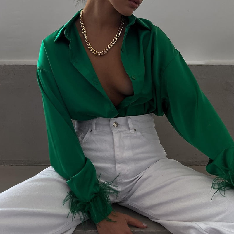 xakxx Feather Cuffs Elegant Women Shirts  Satin Spring Fashion Button Down Blouse Long Sleeves Loose Turndown Collar Tops