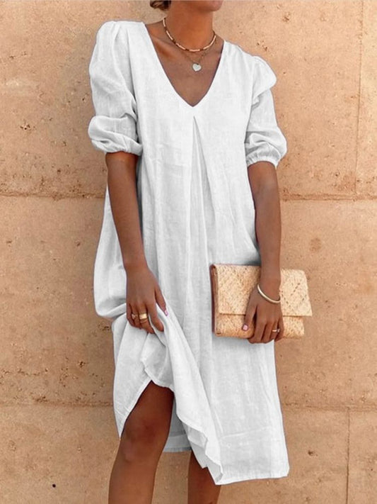 xakxx Casual Loose Shirt Dress Women Summer Linen White Solid Color Dresses Female V-Neck Long Midi Dresses Vintage Light Vestidos New