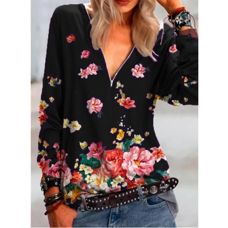 xakxx xakxx- Casual Floral Printing Shirt Women Zipper Long Sleeve Tops Lady Autumn Fashion Clothes Loose Pullover Plus Size 5XL