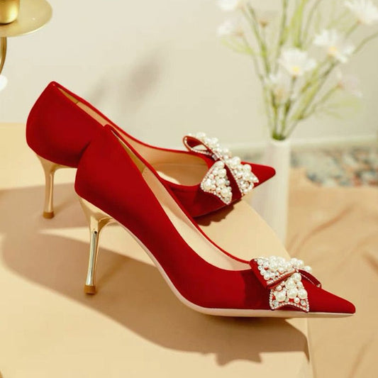 xakxx Sexy Red Velvet Wedding Shoes For Women  Luxury Pearl Bowknot Pointed Toe Pumps Woman Stiletto High Heels Dress Shoes