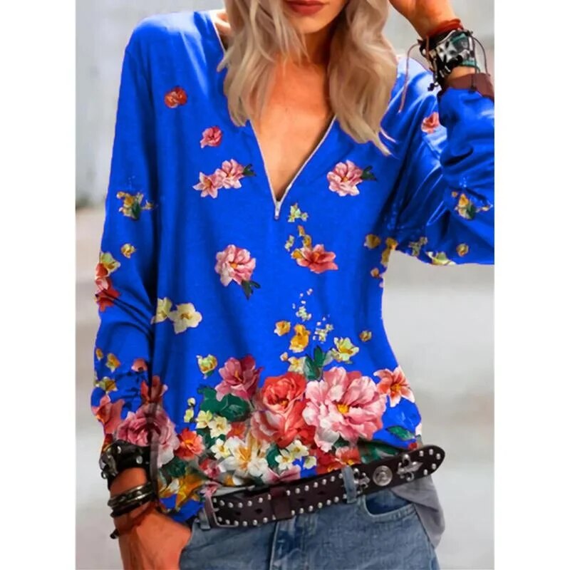 xakxx xakxx- Casual Floral Printing Shirt Women Zipper Long Sleeve Tops Lady Autumn Fashion Clothes Loose Pullover Plus Size 5XL