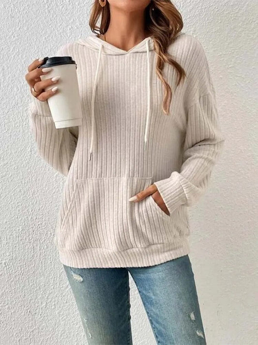 xakxx xakxx- Simple Hooded Sweatshirt Women's Solid Loose Autumn Winter Long Sleeve Young Girls Stripe Casual Top Clothing