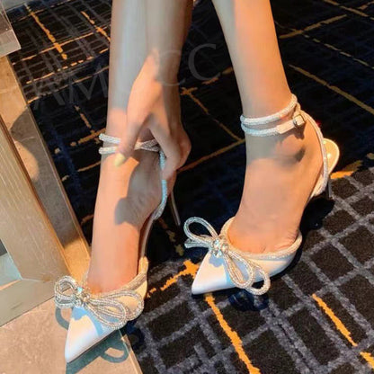 xakxx New Rhinestone Butterfly-Knot Sandals Fine Heel Sandals Women Crystal Fairy Wind Pink Bow Tie With Diamond High Heels