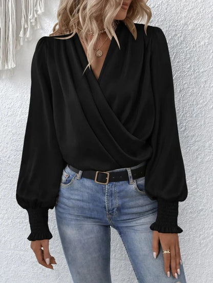 xakxx xakxx- 5 Colors Elegant Lantern Sleeve Blouse V-Neck Pleated Long Sleeves Women Formal Party Tops Spring Autumn Clothing