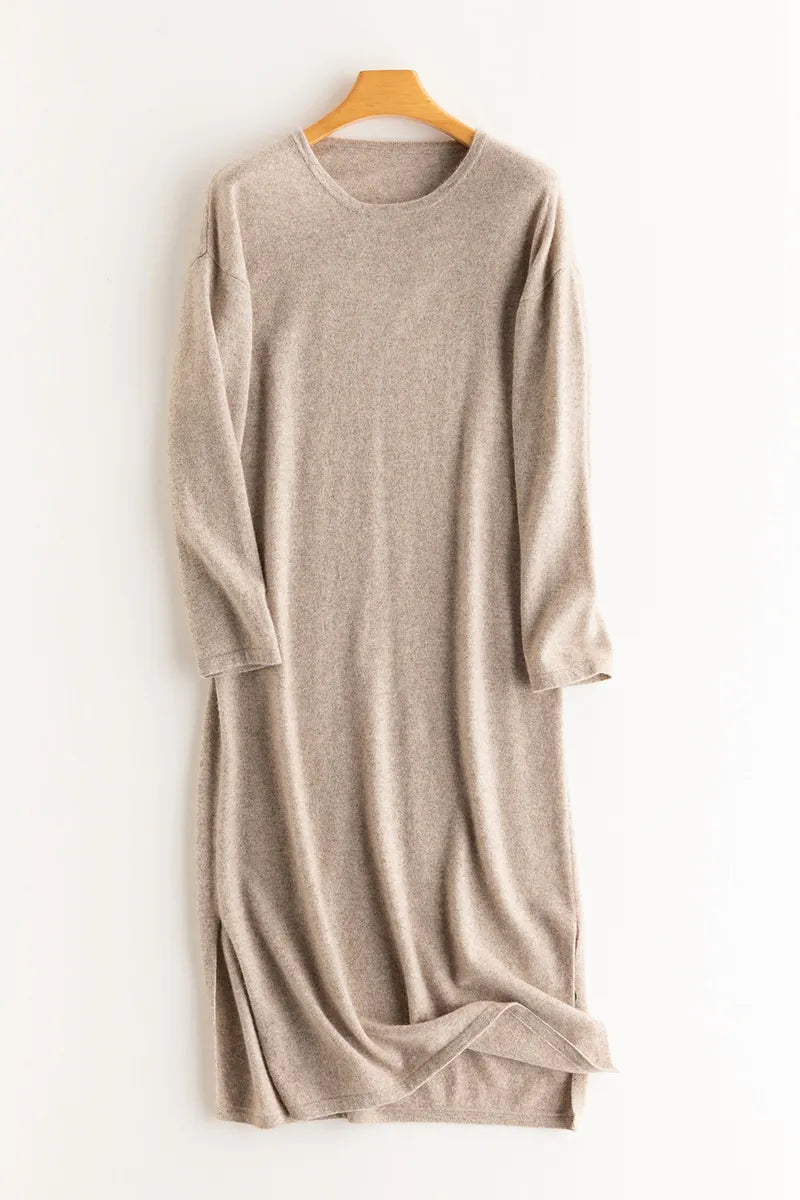 xakxx xakxx-New round neck knitted cashmere dress in autumn and winter with loose pullover and long split wool dress.