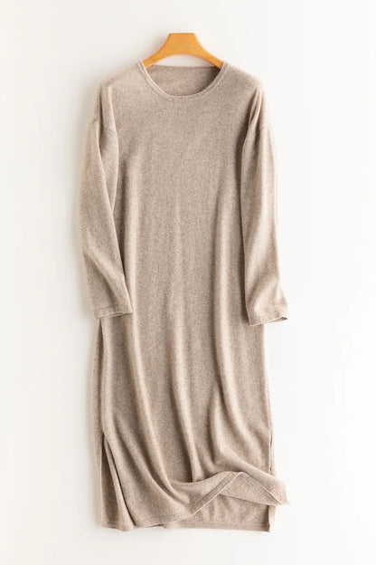 xakxx xakxx-New round neck knitted cashmere dress in autumn and winter with loose pullover and long split wool dress.