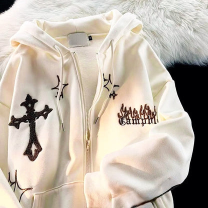 xakxx Y2k Women Vintage Gothic Streetwear Embroidery Harajuku Hoodies Hip Hop Jacket Zip Up Hoodie Grunge Sweatshirt Tops Alt Clothes