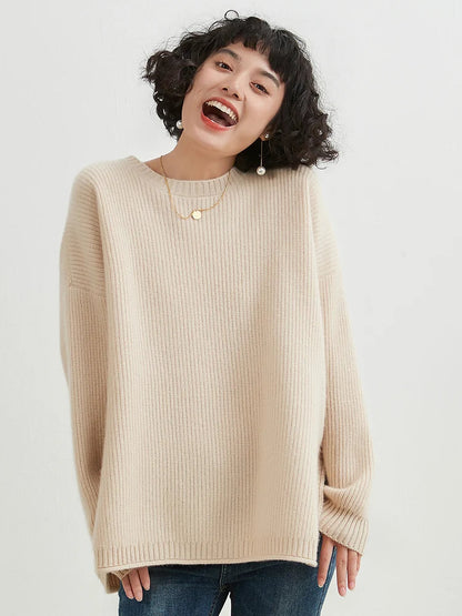 xakxx xakxx-Solid color cashmere sweater women's round neck thick split sweater loose lazy bottoming sweater