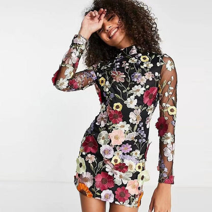 xakxx Floral Embroidery Long Sleeve Dresses  Spring Evening Party Lady Vestido Elegant Luxury Women Mini Dress Half High Collar