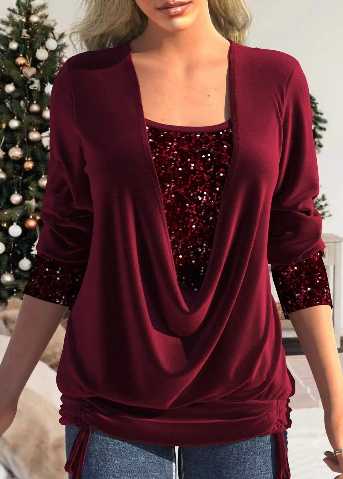 xakxx xakxx- 6 Colors Sequin Blouse Women Luxurious Solid Color O Neck Long Sleeve Tops Lady Elegant Spring Autumn Party Clothing 3XL