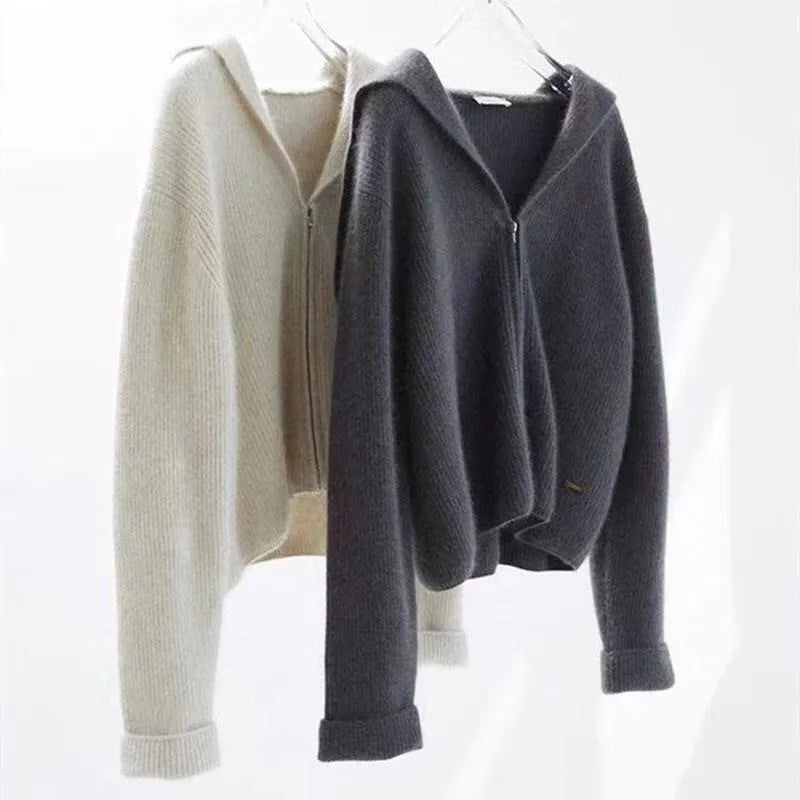 xakxx xakxx-Autumn and winter new cashmere cardigan female loose navy collar zipper sweater coat sweater thickened Joker.