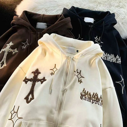 xakxx Y2k Women Vintage Gothic Streetwear Embroidery Harajuku Hoodies Hip Hop Jacket Zip Up Hoodie Grunge Sweatshirt Tops Alt Clothes