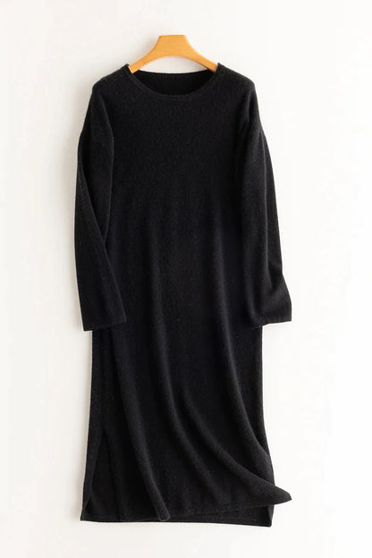 xakxx xakxx-New round neck knitted cashmere dress in autumn and winter with loose pullover and long split wool dress.