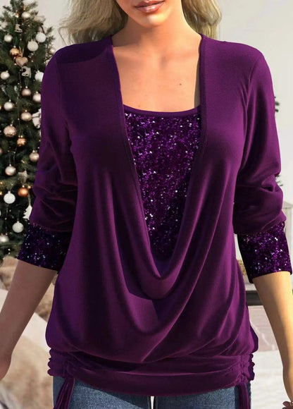 xakxx xakxx- 6 Colors Sequin Blouse Women Luxurious Solid Color O Neck Long Sleeve Tops Lady Elegant Spring Autumn Party Clothing 3XL