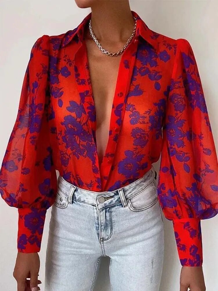 xakxx xakxx- Luxury Printed Blouse Female Long Sleeve Stand Collar Button Tops Women Summer Elegant Multicolour Thin Shirt