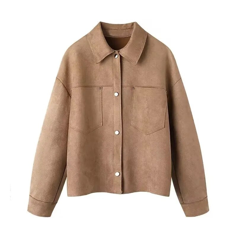 xakxx- Autumn New Women's  Double Color Pocket with Ribbed Suede Effect Short Shirt Coat