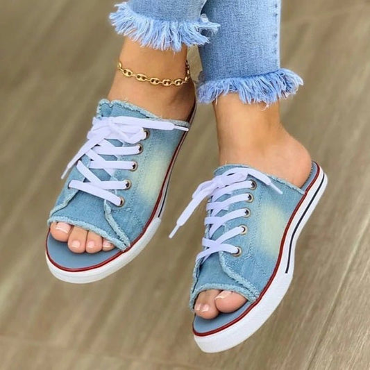 xakxx Women Canvas Flat Slipper Woman Lace Up Ladies Peep Toe New Women's Casual Female Fashion Denim Beach Shoes Plus Size 35-43