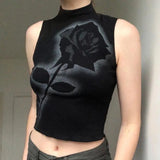 xakxx Harajuku Rose Flower Print Tank Top Women Summer Sleeveless High Neck Shirt Causal Vest  Soft Loose Gothic Tee Shirt Femme