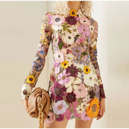 xakxx Floral Embroidery Long Sleeve Dresses  Spring Evening Party Lady Vestido Elegant Luxury Women Mini Dress Half High Collar