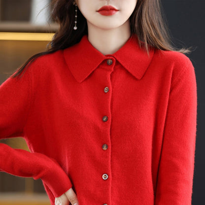 xakxx Thanksgiving Women's Wool Knit Cardigan Jacket Loose Polo Collar Sweater Outer Solid Color Button Knit Shirt Pullover French  New  Spring