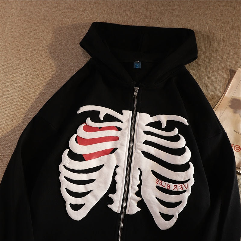 xakxx Y2K Gothic Skeleton Print Hoodie Women Harajuku Hip Hop Oversized Zipper Jacket Autumn Winter Vintage Loose Hooded Sweatshirts