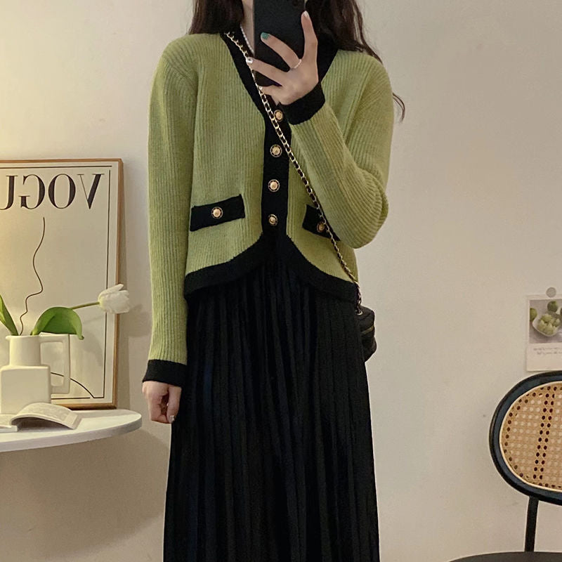 xakxx  Small Perfume Style Long-sleeved Knit Sweater Cardigan Women's New Fall /winter Thin Color Blocking V-neck Jacket Blouse