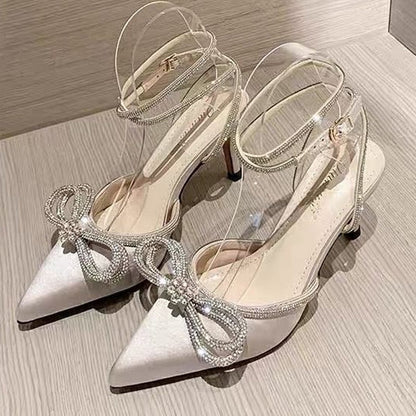 xakxx New Rhinestone Butterfly-Knot Sandals Fine Heel Sandals Women Crystal Fairy Wind Pink Bow Tie With Diamond High Heels