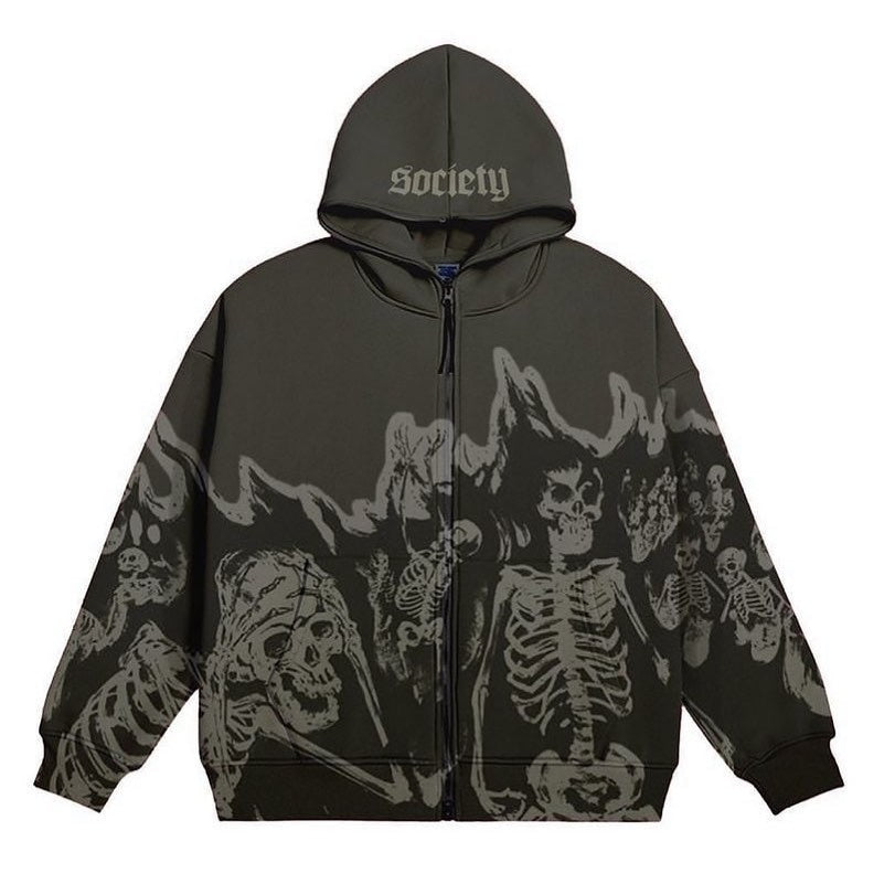 xakxx Y2K Gothic Skeleton Print Hoodie Women Harajuku Hip Hop Oversized Zipper Jacket Autumn Winter Vintage Loose Hooded Sweatshirts