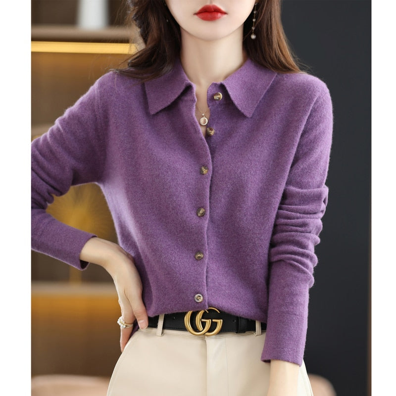 xakxx Thanksgiving Women's Wool Knit Cardigan Jacket Loose Polo Collar Sweater Outer Solid Color Button Knit Shirt Pullover French  New  Spring