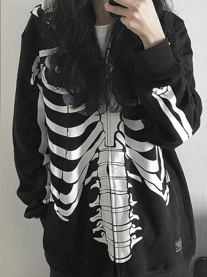 xakxx Y2K Gothic Zip Up Hoodies Women Punk Oversized Skull Skeleton Print Sweatshirts Black Hip Hop Loose Tops Jacket Grunge