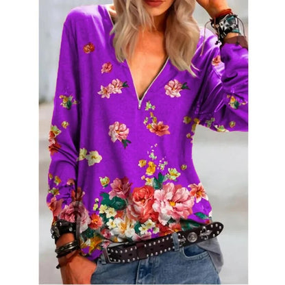 xakxx xakxx- Casual Floral Printing Shirt Women Zipper Long Sleeve Tops Lady Autumn Fashion Clothes Loose Pullover Plus Size 5XL